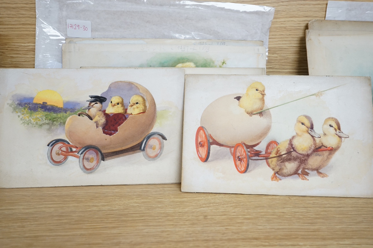 Charles Thomas Howard (1865-1942), set of eight original watercolours for Easter postcard designs, to include chicks, ducklings and rabbits, two signed, unframed, largest 22 x 33cm. Condition - fair